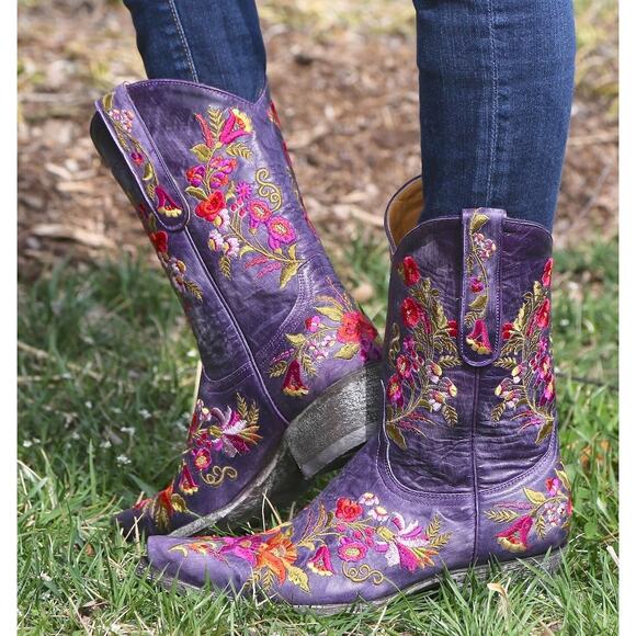 Old Gringo Jasmine Floral Embroidered Purple Leather Snip Toe Western Boots 10B - Picture 2 of 9